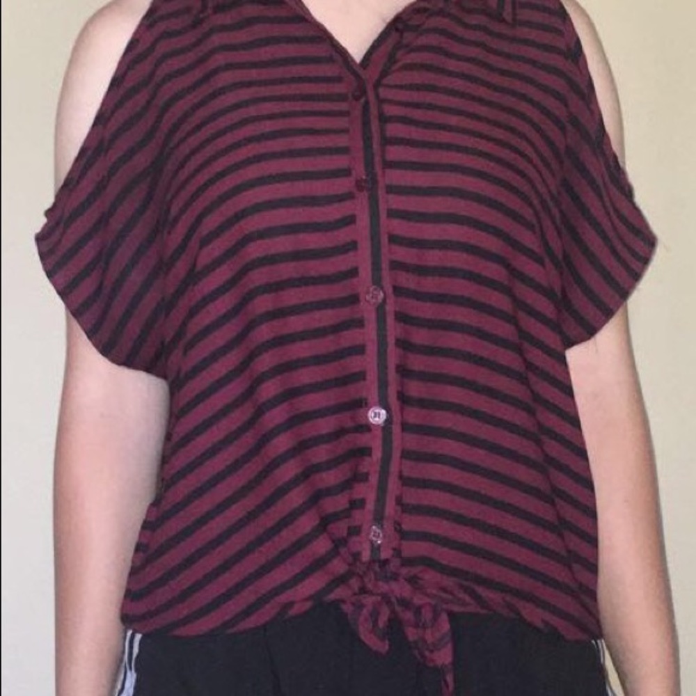 Black and Maroon Cold Shoulder Shirt